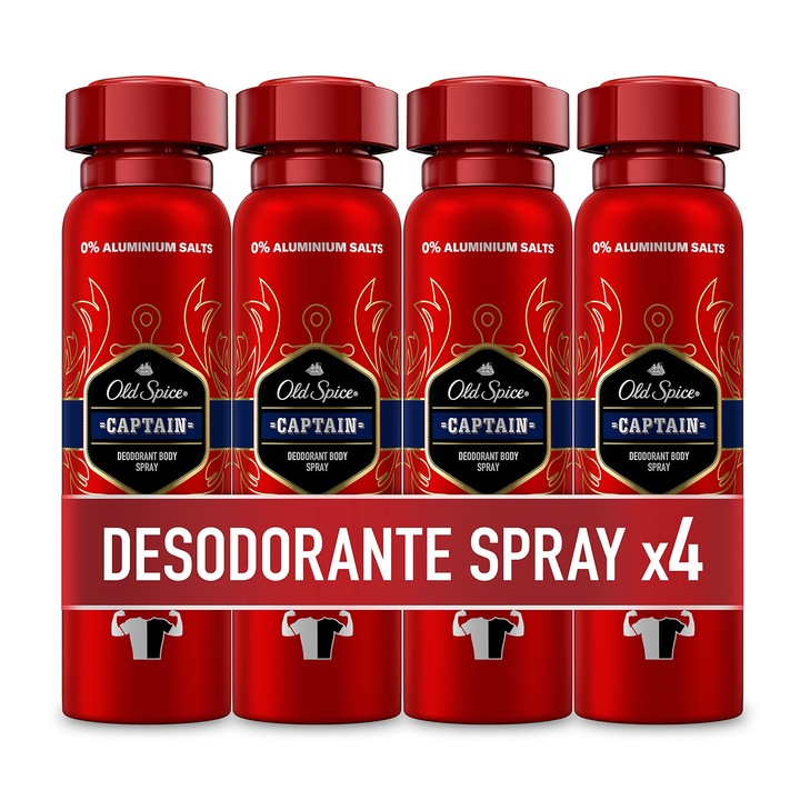 Old Spice Captain dezodor spray férfiaknak, 48 órás frissesség, 0% alumíniumsó, fehér és sárga foltok ellen, 4 x 150 ml (a csomagolás eltérő lehet)