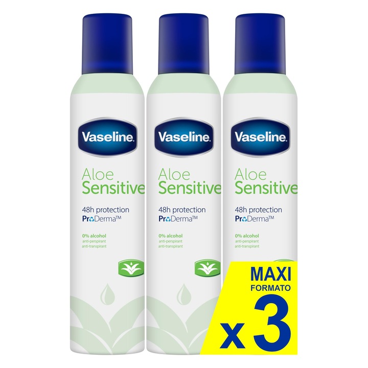 Testápoló, Vaseline, Aloe Sensitive, 250ml, 3 darabos szett, 0% alkohol