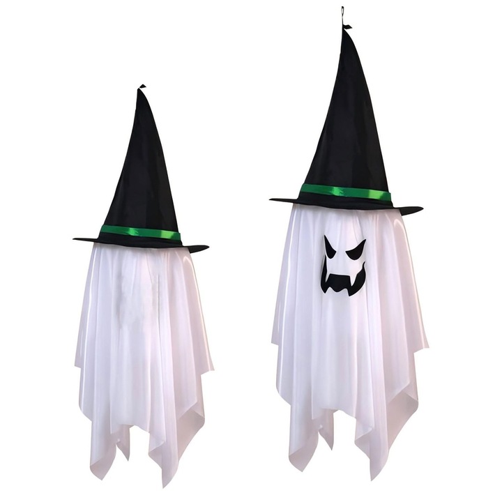 Halloween Szellem Parti Dekoráció LED Fényekkel és Varázsló Kalappal, 105 cm, Fekete/Fehér