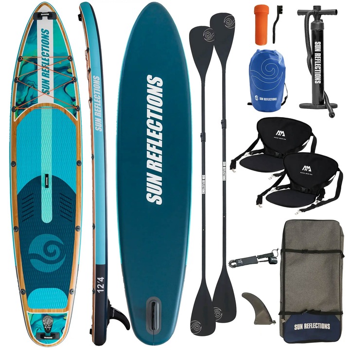 Placa de surf gonflabilă Sun Reflections Multi 12'4", tandem, 2 vasle, 375x87x15cm, albastru