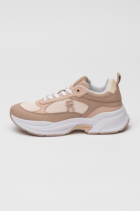 Tommy Hilfiger, Logós sneaker bőrbetétekkel, Bézs/Barackszín