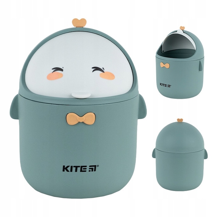 Cos de gunoi decorativ pentru birou copii Kite, verde, 3.5L, mascota, plastic durabil, 16x21 cm