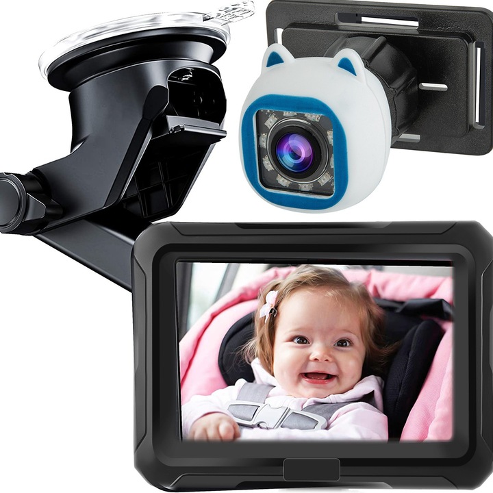 Camera Auto 1080P pentru Supravegherea Bebelusului pe Bancheta din Spate – Ecran HD 4.3", Cablu Semi Rigid, Iluminare LED Nocturna, IP67, Baterie Reincarcabila, Alimentare la Bricheta sau USB – Sistem Siguranta Copii in Masina