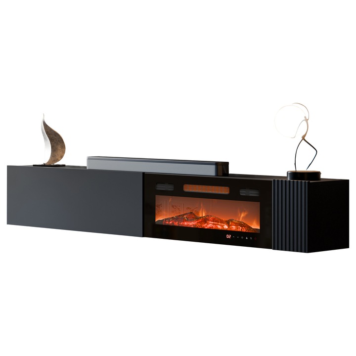 Comodă TV Bamali 200 EF, MIRJAN 24, cu semineu LED, negru, 30x200x38 cm