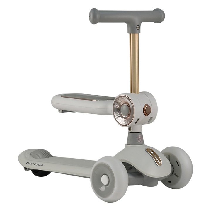 Детска тротинетка със седалка, Трансформираща се 2в1, Bebe Stars, Тротинетка Xride, Със светлини, Съответства на EN71-1:2014+A1:2018, EN71-2:2020, EN71-3:2019+A1:2021, Сива
