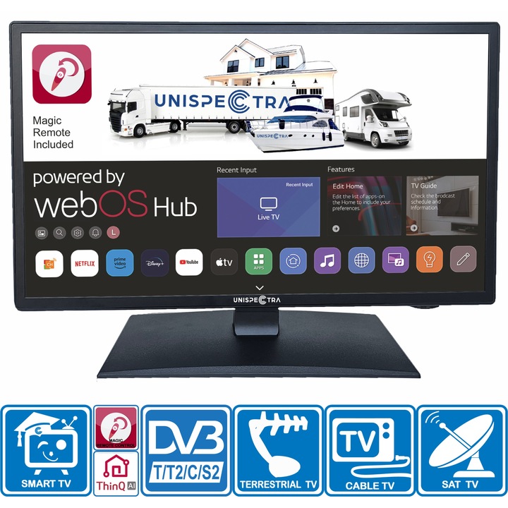 Televizor Smart 22", Unispectra, HD, 12V/240V, Magic Remote, ideal pentru camping, suport de perete inclus