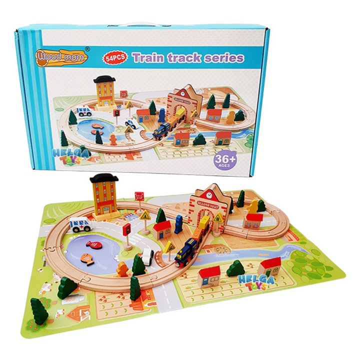 Circuit Trenulet magnetic din lemn cu plansa si accesorii, vopsele ecologice pe baza de apa, rotile silentioase, prindere magnetica, SALLMA®