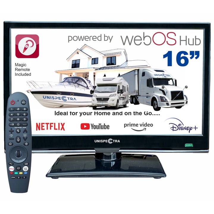 Televizor Smart 16", Unispectra, Full HD, 12V/240V, Magic Remote, ideal pentru rulota camping, camion