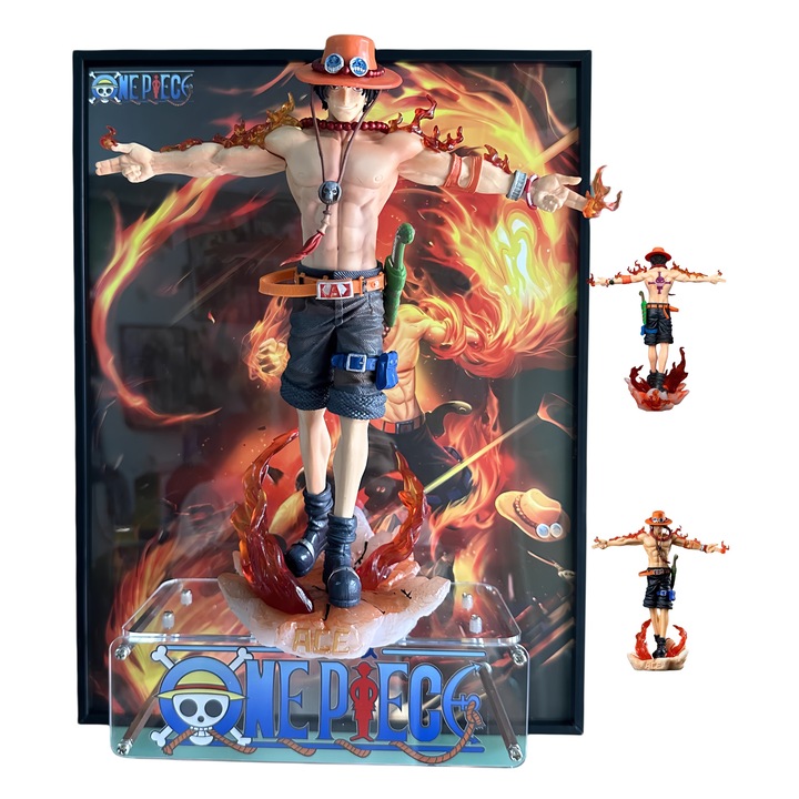 3D триизмерна картина с фигурка, Poisoon, One Piece, Portgas D. Ace, неръждаема стомана/PVC, 27.5×12.5×11.5см