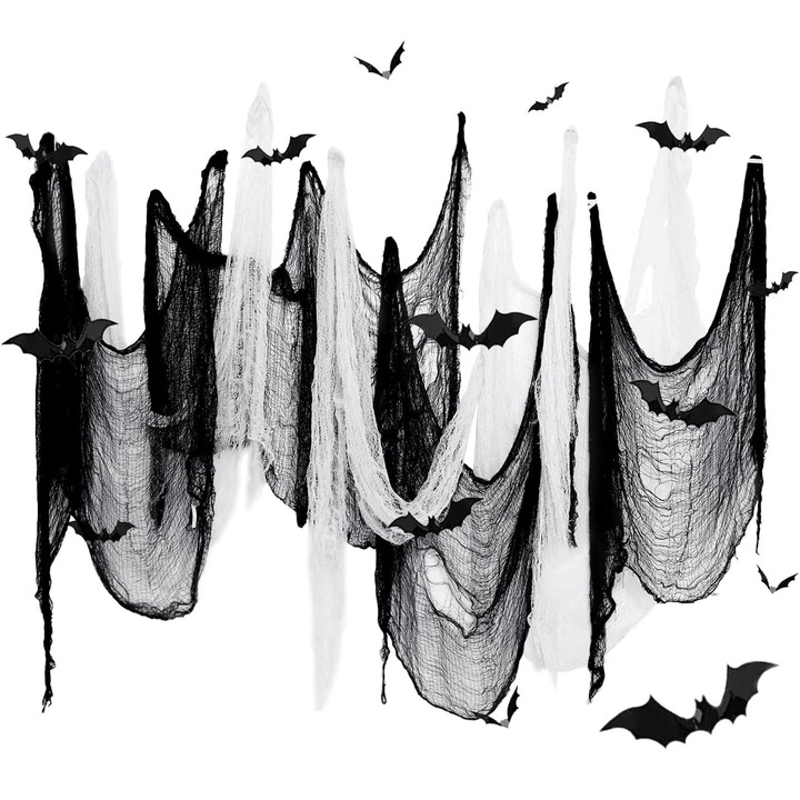 Halloween Kísértetház Party Dekoráció, Panzee Denevérekkel, 8 db, 76 x 183 cm, Fekete/Fehér