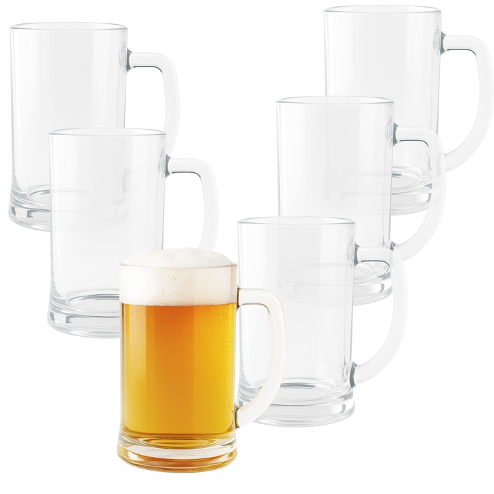 Комплект от 6 стъклени чаши 650 мл - класическа дебела бирена чаша, с плътна дръжка, стил пъб