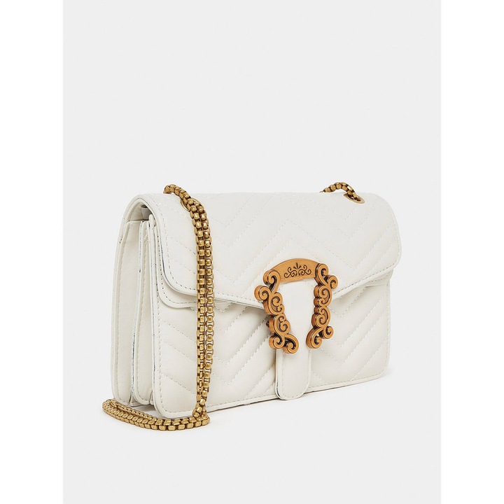 Geanta dama, alb inchis, cu clapa, detaliu metalic