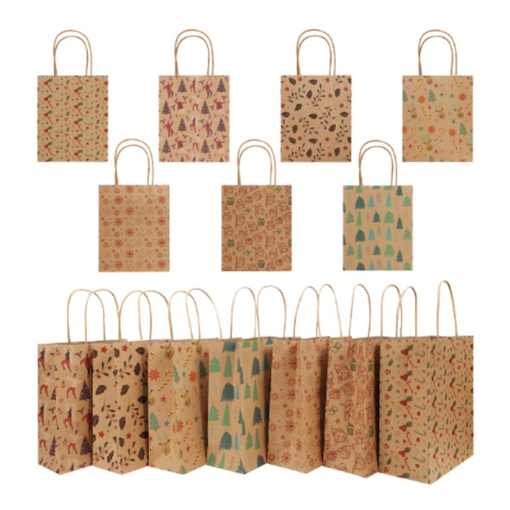 Комплект от 28 коледни хартиени подаръчни торбички, 20 x 24 см, с дръжки, многоцветни