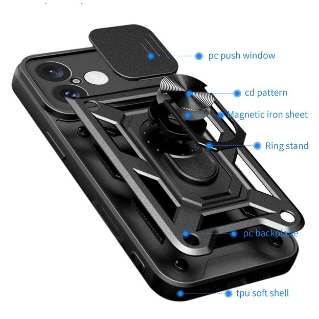 Husa Spate Upzz® Camshield Compatibila Cu Honor 400 Pro, Protectie La Camere, Inel Metalic, Stand - Black