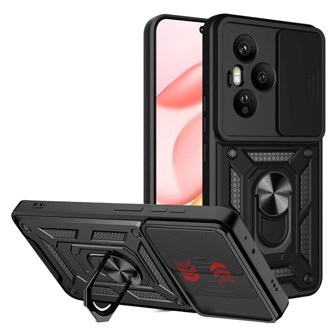 Husa Spate Upzz® Camshield Compatibila Cu Honor 400 Pro, Protectie La Camere, Inel Metalic, Stand - Black