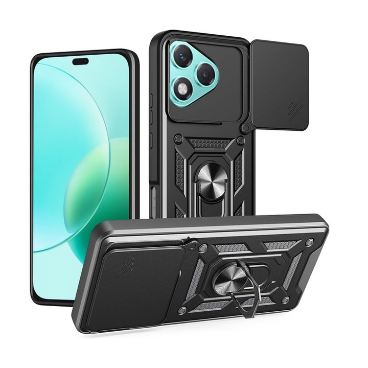 Husa Spate Upzz® Camshield Compatibila Cu Honor 400 Lite, Protectie La Camere, Inel Metalic, Stand - Black