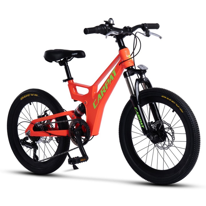 Планински велосипед с пълно окачване Carpat Pro JSX20344, магнезиева рамка с интегрирани кабели, предно-задно окачване, 20-инчови колела, дискова спирачка, 7-скоростен лост Shimano, оранжев със зелен