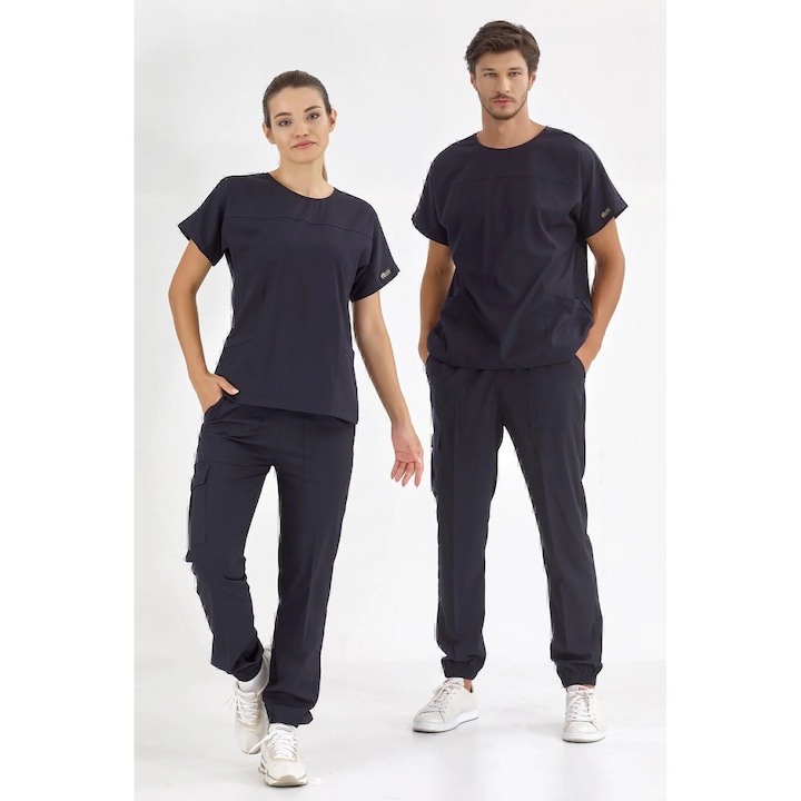 Costum medical de lux bleumarin din lycra, pentru doctor si asistenta medicala, set uniforme medicale, ÇİZGİ MEDİKAL