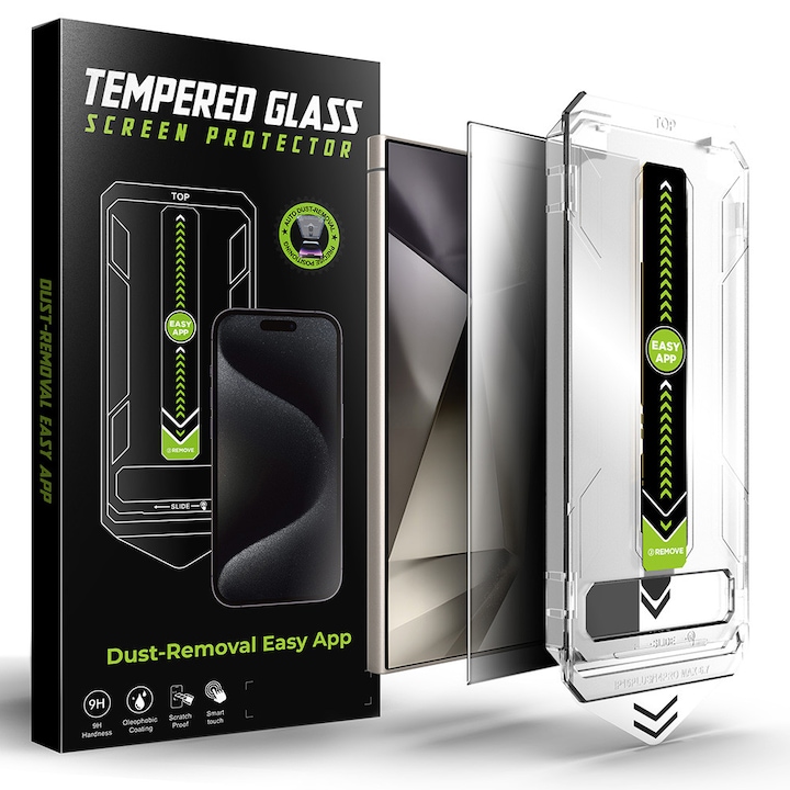 Samsung Galaxy S24 Ultra Daden TitanGlass adatvédelmi üvegfólia, egyszerű és gyors telepítőkészlet automatikus rögzítőeszközzel, professzionális védelem, ultra ellenálló