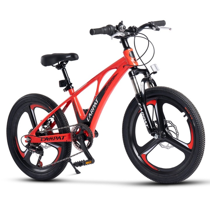 Планински велосипед Carpat 3 Spoke JSX20343, магнезиева рамка с интегрирани кабели, предно окачване, 20-инчови магнезиеви джанти, дискови спирачки, 7 скорости, червено с черно