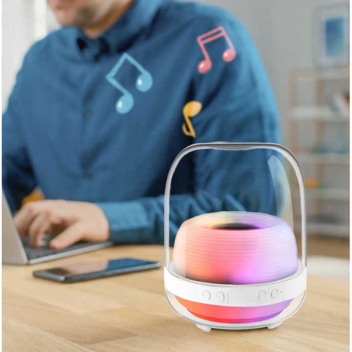 Boxa Portabila RGB cu Efecte de Lumina – Sunet 360° Surround, BASS PLAUS, Bluetooth, USB, Radio FM, TF Card, incarcare type-c, 20X14 cm ALB