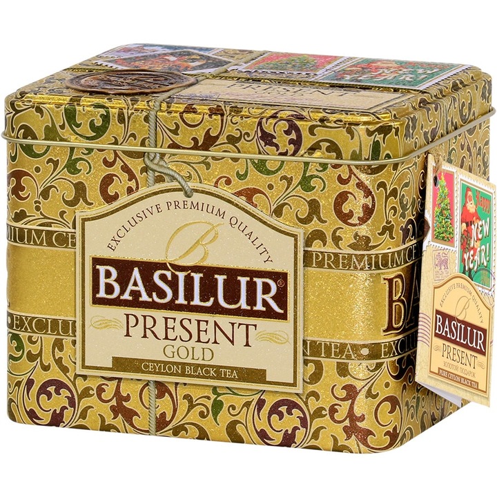 Ceai negru, Basilur, Present GOLD, Iasomie, Migdale prajite, Nuca de cocos, Cirese si Nalba albastra, cu cofeina, 100 gr