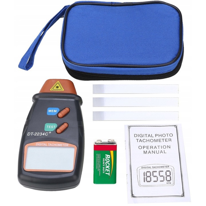 Tachometru digital cu laser, ecran LCD cu 5 cifre, DT2234C+, 2.5-99999 RPM, set complet