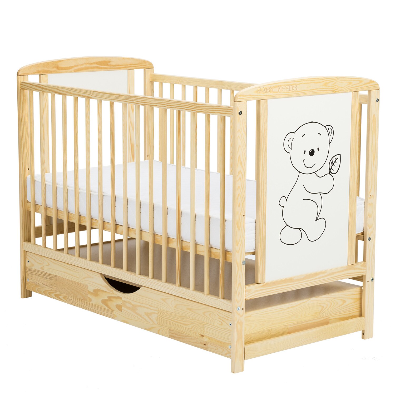 Patut din lemn, BabyNeeds, Timmi, Cu sertar cu capac, Din lemn de pin si mdf, Stabil si rezistent, Inaltime saltea reglabila pe 3 nivele, Laterala cu 3 bete detasabile, 120x60 cm, Natur