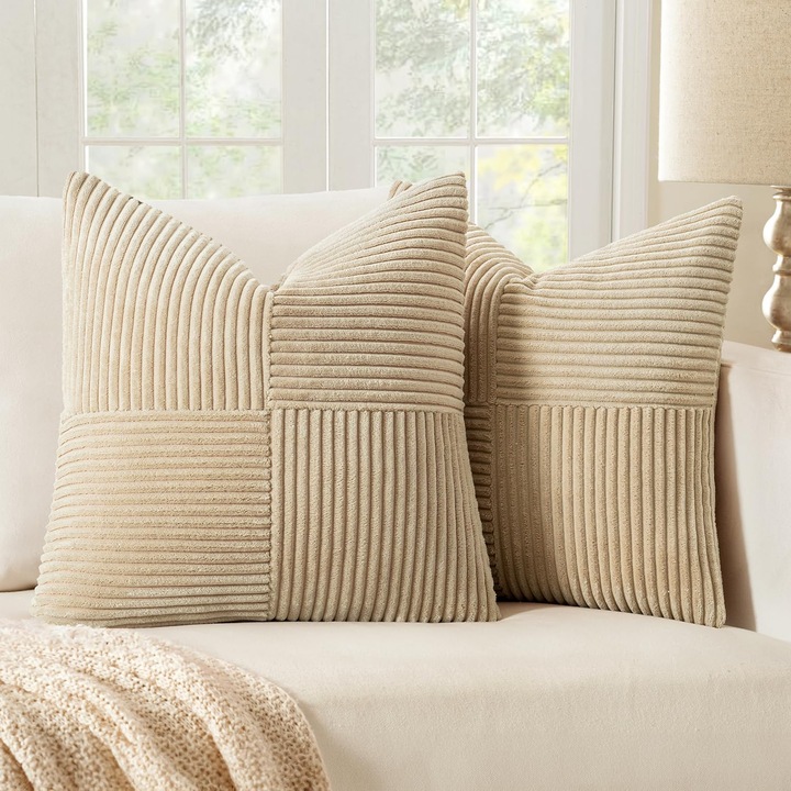 Set 2 Fete de Perna Decorative Miulee 45x45 cm, Design Patchwork, Crem/Galbui