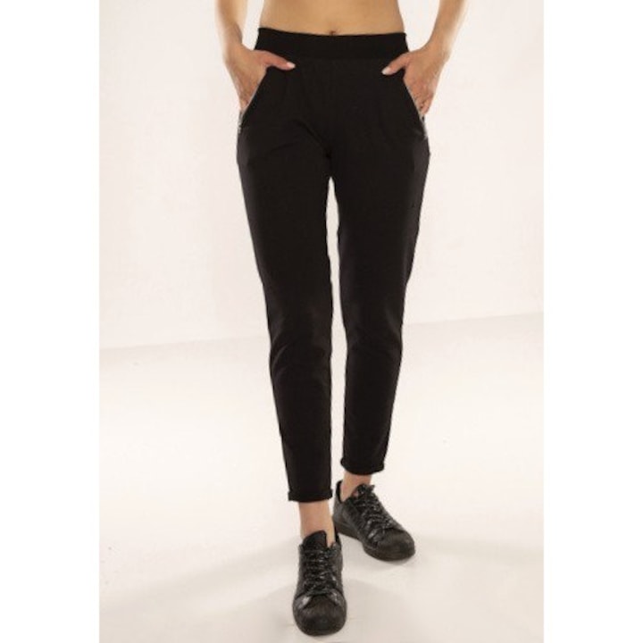 Pantaloni sport dama De Lafense, talie confortabila, buzunare cu fermoar, negru, bumbac, M INTL