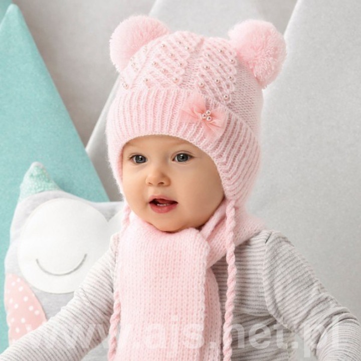 Set caciula si fular AJS, caciula cu doua straturi, pomponi, perle, roz, gri, alb, 44-46 cm