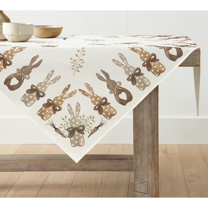 Fata de masa cu iepuri si morcovi de Paste, primavara, decor de interior pentru petreceri de sarbatori, 100x100 cm