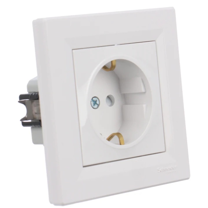 Priză Schuko simplă Schneider Electric Asfora, incastrată, albă, 250V, 16A, 83x83x42mm