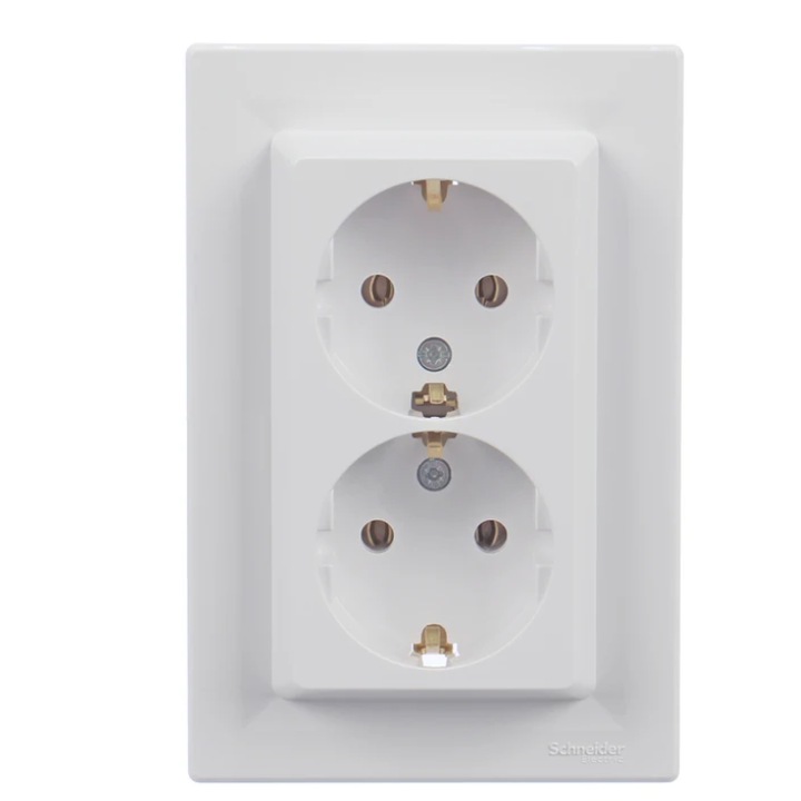 Priza schuko dubla Schneider Electric Asfora, incastrata, rama inclusa, contact de protectie, alba