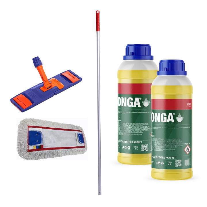 Set 2 x Detergent Profesional pentru Lemn 1L Parfum Portocala + Sistem Mop Plat 40cm Rosu Complet (Coada Aluminiu 140cm + Talpa + Mop) - Curatare Suprafete Lemn