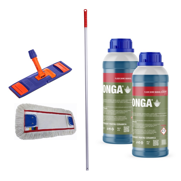 Set Complet Curatenie Pardoseli: 2x Detergent 1L Parfum Portocala + Sistem Mop Plat Profesional 40cm Rosu (Coada Aluminiu 140cm + Talpa + Mop) - Uz Profesional