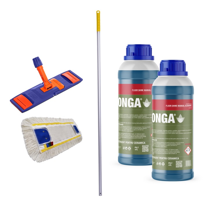 Set Complet Curatenie Pardoseli: 2x Detergent 1L Parfum Portocala + Sistem Mop Plat Profesional 40cm Galben (Coada Aluminiu 140cm + Talpa + Mop) - Uz Profesional