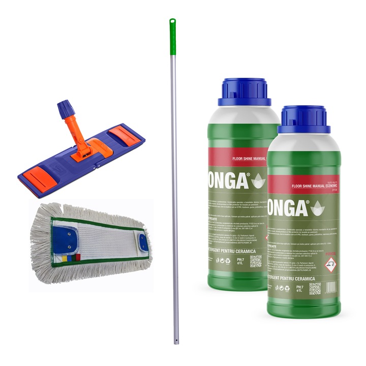 Set Curatenie Podele: 2 x Solutie de curatat profesional pentru pardoseli, 1L, Parfum Mix de Fructe Floral + Set - Coada profesionala din aluminiu, filet profesional, fixa, 140 cm, maner verde + Talpa Mop Plat 40cm + Mop Plat Verde 40cm