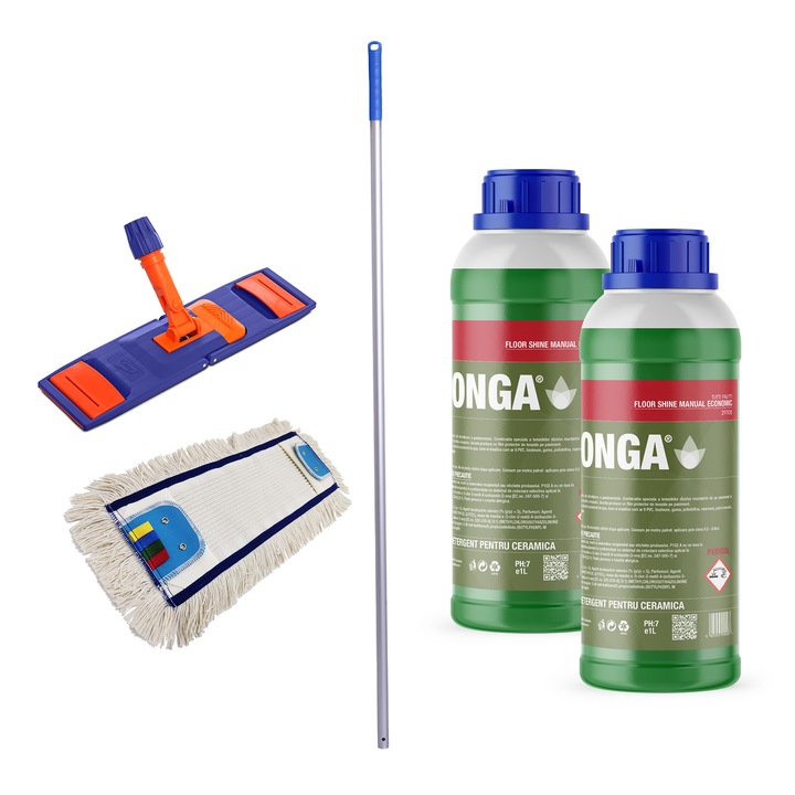 Set Curatenie Podele: 2 x Solutie de curatat profesional pentru pardoseli, 1L, Parfum Mix de Fructe Floral + Set - Coada profesionala din aluminiu, filet profesional, fixa, 140 cm, maner albastru + Talpa Mop Plat 40cm + Mop Plat Albastru 40cm