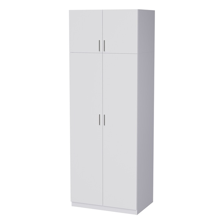 Dulap pentru Setul Vero, Meblast, 86.6x240x54 cm, PAL 18 mm, Cu Bara si Rafturi, Balamale GTV, Cant PVC Ranforsat, Picioare Reglabile, Spate din HDF, Alb Imaculat