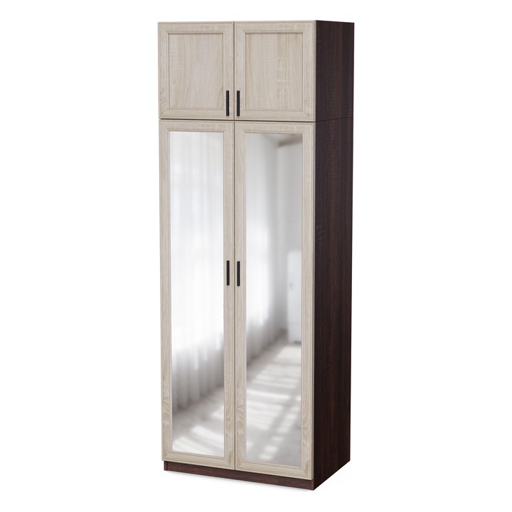 Dulap pentru Setul Vero, Meblast, cu Oglinda, 86.6x240x54 cm, PAL 18 mm, Cu Bara si Rafturi, Balamale GTV, Cant PVC Ranforsat, Picioare Reglabile, Spate din HDF, Sonoma Intunecat / Sonoma Deschis