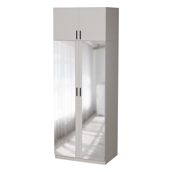 Dulap pentru Setul Vero, Meblast, cu Oglinda, 86.6x240x54 cm, PAL 18 mm, Cu Bara si Rafturi, Balamale GTV, Cant PVC Ranforsat, Picioare Reglabile, Spate din HDF, Bej Casmir