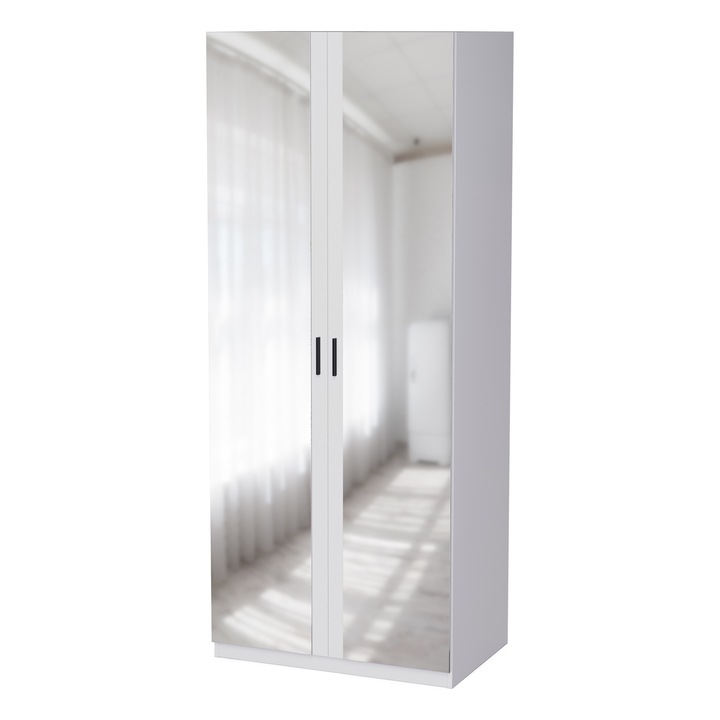 Dulap, Meblast, 90x220x55 cm, 2 Oglinzi, Compatibil cu Seturile Livio/Stilo/Modena, PAL 18 mm, Cu Bara si Rafturi, Balamale GTV, Cant PVC Ranforsat, Spate din HDF, Alb