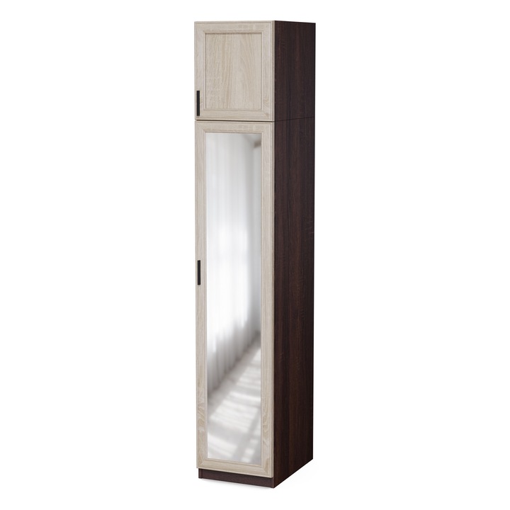 Meblast Szekrény Tükrös, 100 cm x 30 cm x 200 cm, Sötét Sonoma/Világos Sonoma, Keskeny és Elegáns Forma, MDF Anyag, Ruhatartó Sínnel és Polcokkal