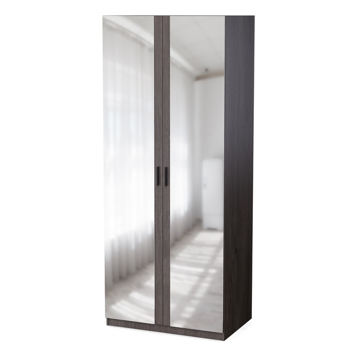 Dulap, Meblast, 90x220x55 cm, 2 Oglinzi, Compatibil cu Seturile Livio/Stilo/Modena, PAL 18 mm, Cu Bara si Rafturi, Balamale GTV, Cant PVC Ranforsat, Spate din HDF, Stejar Carpenter Coffee