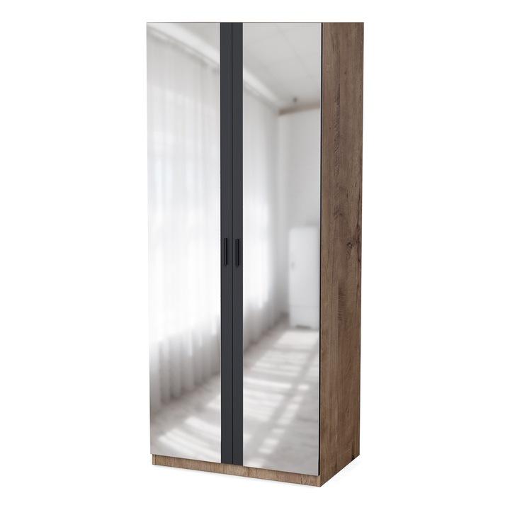 Dulap, Meblast, 90x220x55 cm, 2 Oglinzi, Compatibil cu Seturile Livio/Stilo/Modena, PAL 18 mm, Cu Bara si Rafturi, Balamale GTV, Cant PVC Ranforsat, Spate din HDF, Stejar Lefkas / Negru