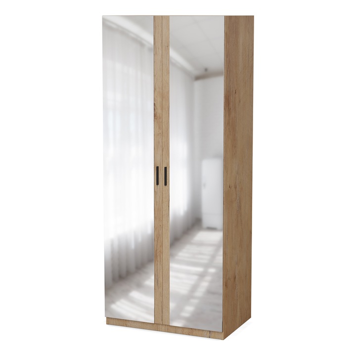 Dulap, Meblast, 90x220x55 cm, 2 Oglinzi, Compatibil cu Seturile Livio/Stilo/Modena, PAL 18 mm, Cu Bara si Rafturi, Balamale GTV, Cant PVC Ranforsat, Spate din HDF, Stejar Lancelot