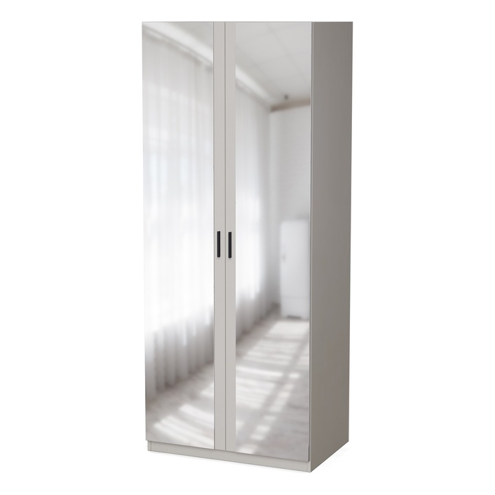 Dulap, Meblast, 90x220x55 cm, 2 Oglinzi, Compatibil cu Seturile Livio/Stilo/Modena, PAL 18 mm, Cu Bara si Rafturi, Balamale GTV, Cant PVC Ranforsat, Spate din HDF, Bej Casmir