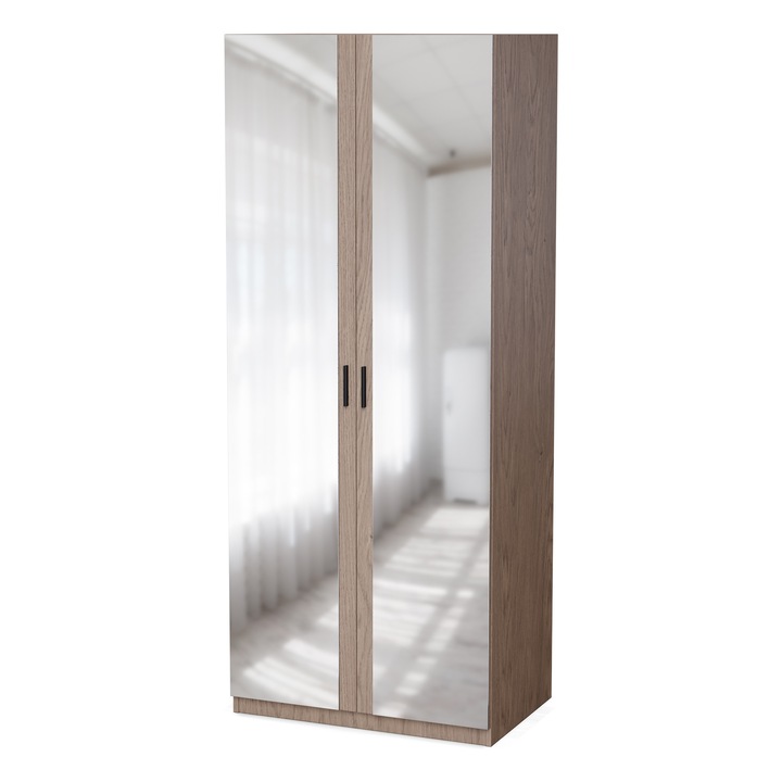 Dulap, Meblast, 90x220x55 cm, 2 Oglinzi, Compatibil cu Seturile Livio/Stilo/Modena, PAL 18 mm, Cu Bara si Rafturi, Balamale GTV, Cant PVC Ranforsat, Spate din HDF, Stejar Baltic Dune