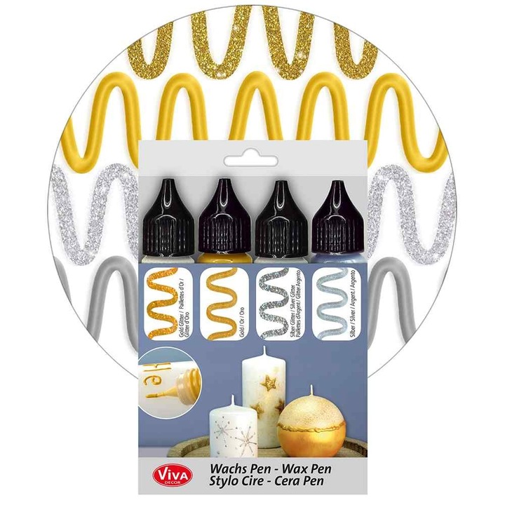 Set creativ 4 x ceara aurie + argintie pentru decorare lumanari, VIVA DECOR, 4x28 ml